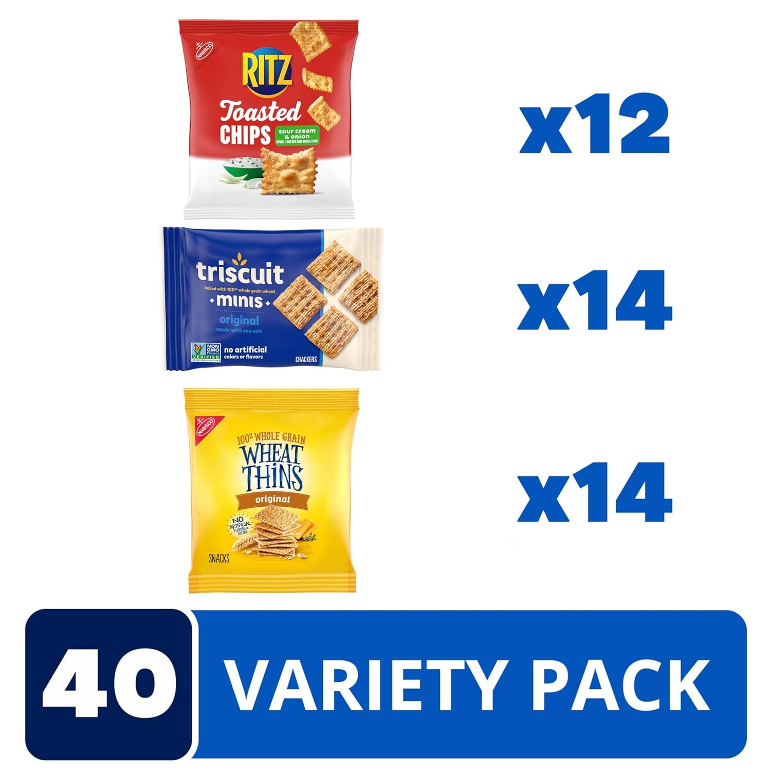 image:imageNabisco Cracker Variety Pack RITZ Toasted Chips Wheat Thins Snacks Whole Grain Wheat Crackers and Triscuit Minis Whole Grain Wheat Vegan Crackers 40 Snack Packs151 Ounce Pack of 40