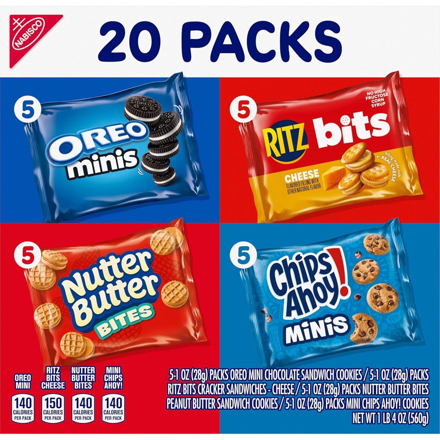 image:imageNabisco Snacks Variety Pack OREO Minis Nutter Butter Bites CHIPS AHOY Minis Cookies and RITZ Bits Cheese Sandwich Crackers 20 Snack Packs1 Ounce Pack of 20