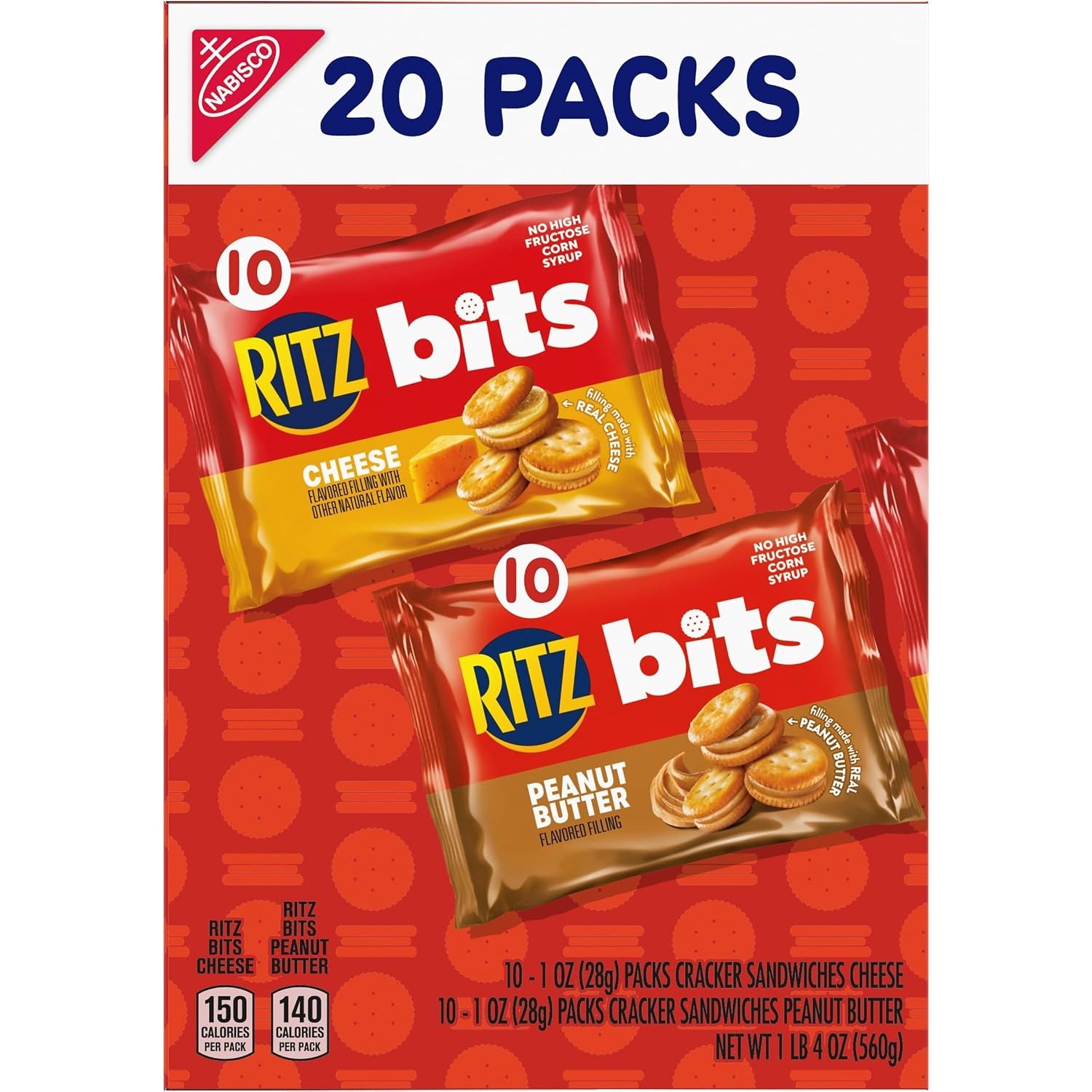 image:imageRITZ Bits Peanut Butter and RITZ Bits Cheese Sandwich Crackers Variety Pack Lunch Snacks for Kids and Adults 20 Snack Packs20 Ounce Pack of 1