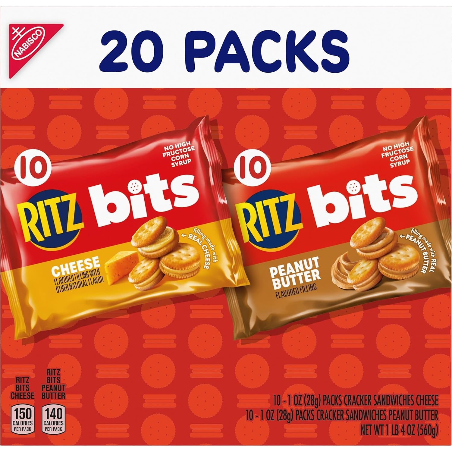 image:imageRITZ Bits Peanut Butter and RITZ Bits Cheese Sandwich Crackers Variety Pack Lunch Snacks for Kids and Adults 20 Snack Packs20 Ounce Pack of 1