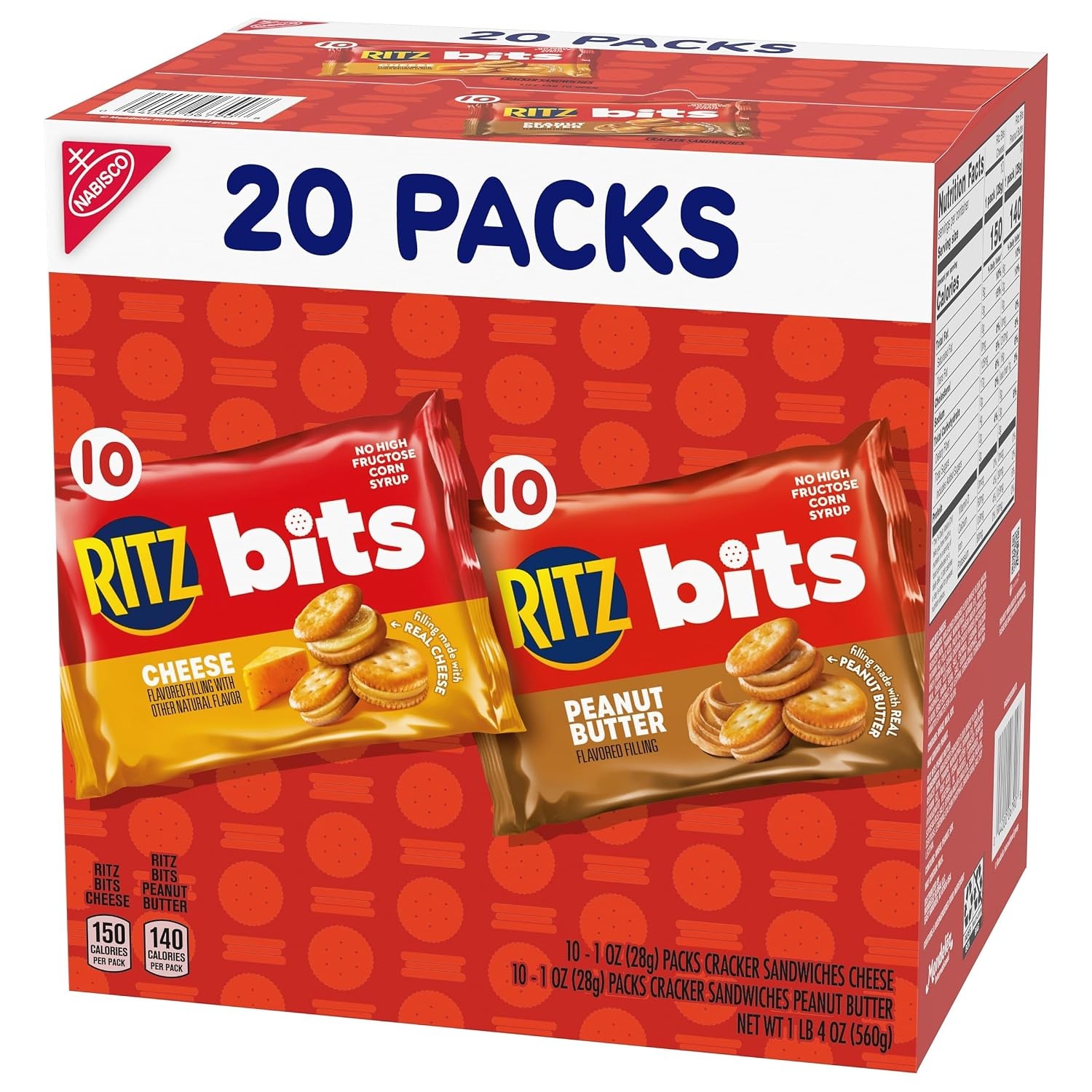 image:imageRITZ Bits Peanut Butter and RITZ Bits Cheese Sandwich Crackers Variety Pack Lunch Snacks for Kids and Adults 20 Snack Packs20 Ounce Pack of 1