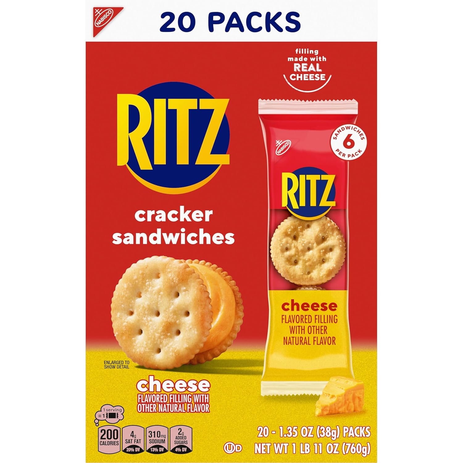 image:imageRITZ Cheese Sandwich Crackers Lunch Snacks 20 Snack Packs 6 Crackers Per Pack27 Ounce Pack of 1