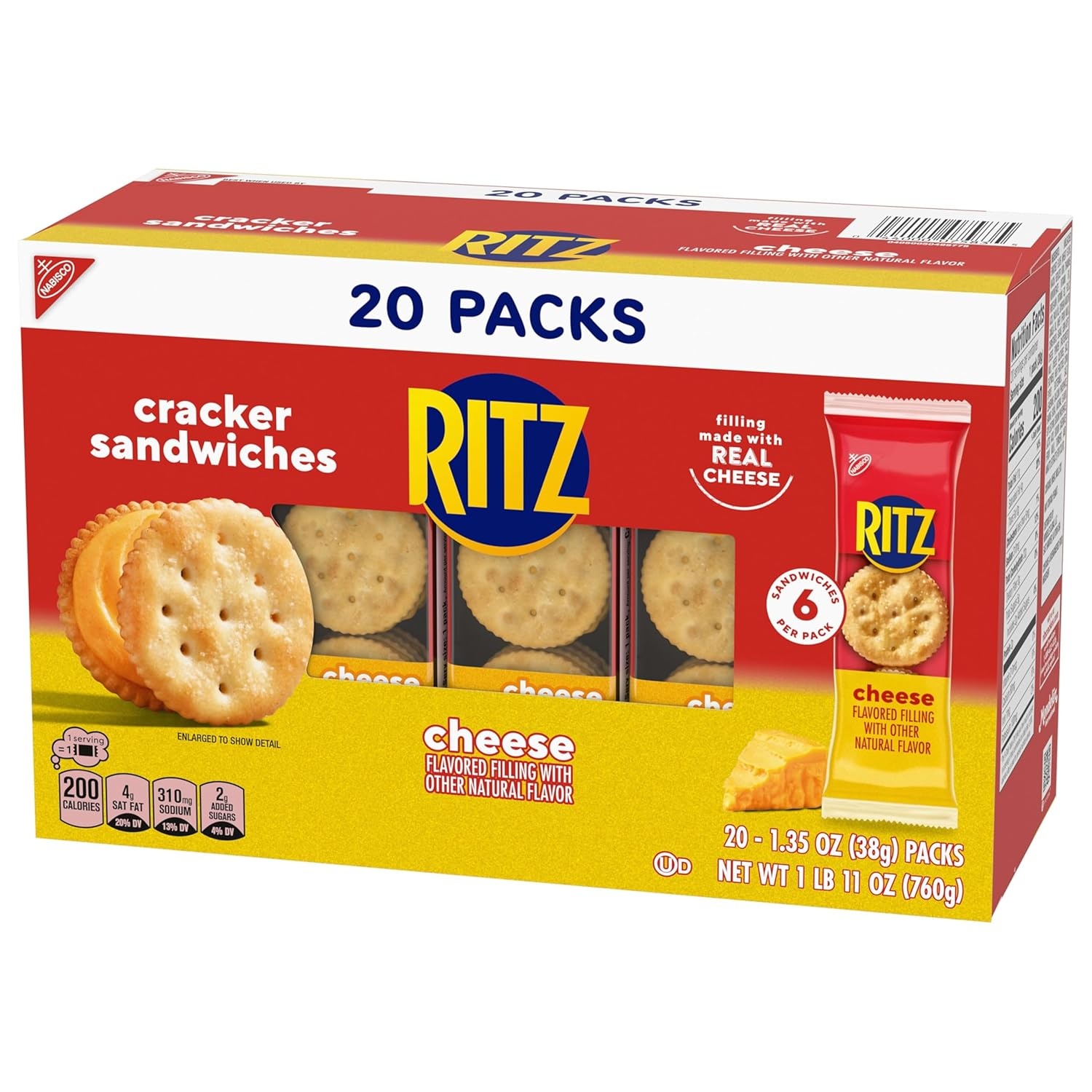 image:imageRITZ Cheese Sandwich Crackers Lunch Snacks 20 Snack Packs 6 Crackers Per Pack27 Ounce Pack of 1
