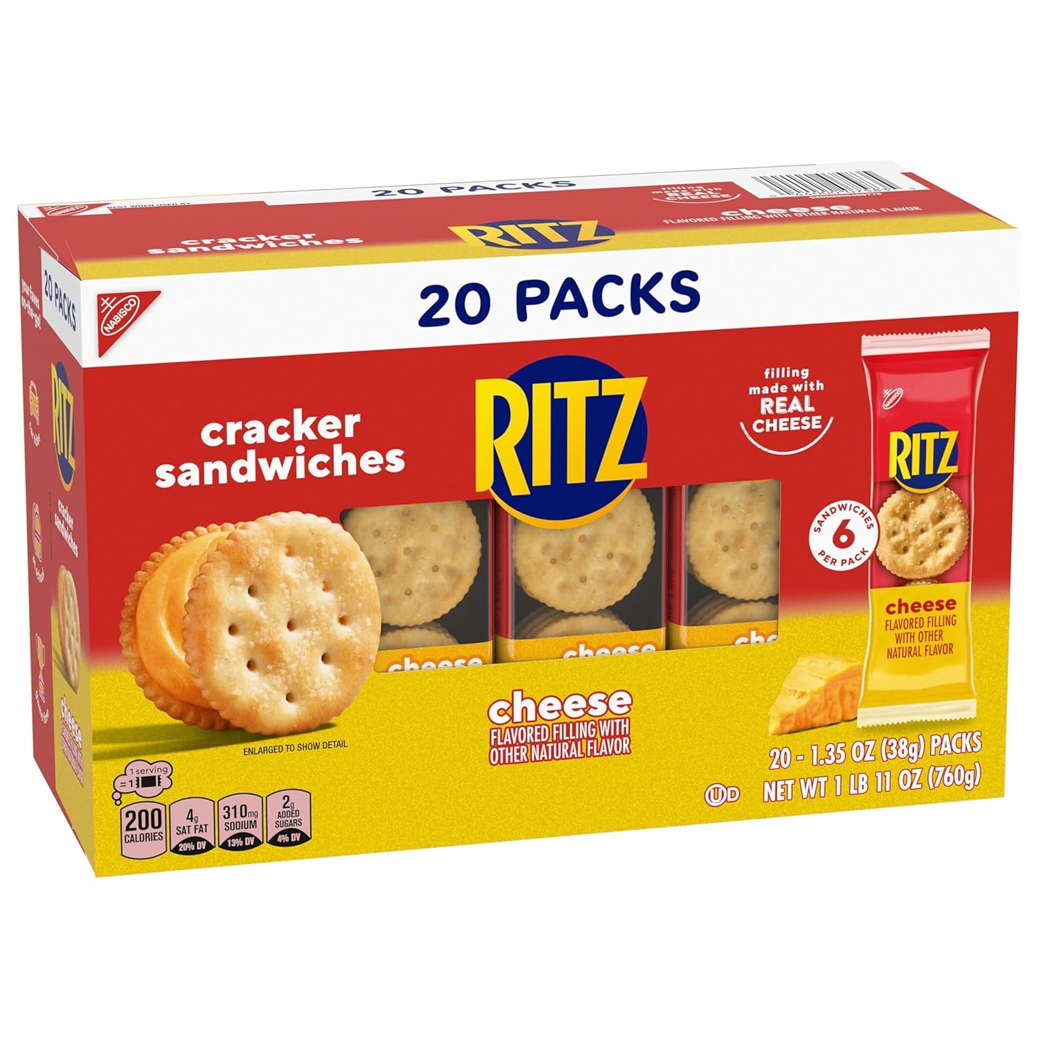 image:imageRITZ Cheese Sandwich Crackers Lunch Snacks 20 Snack Packs 6 Crackers Per Pack27 Ounce Pack of 1