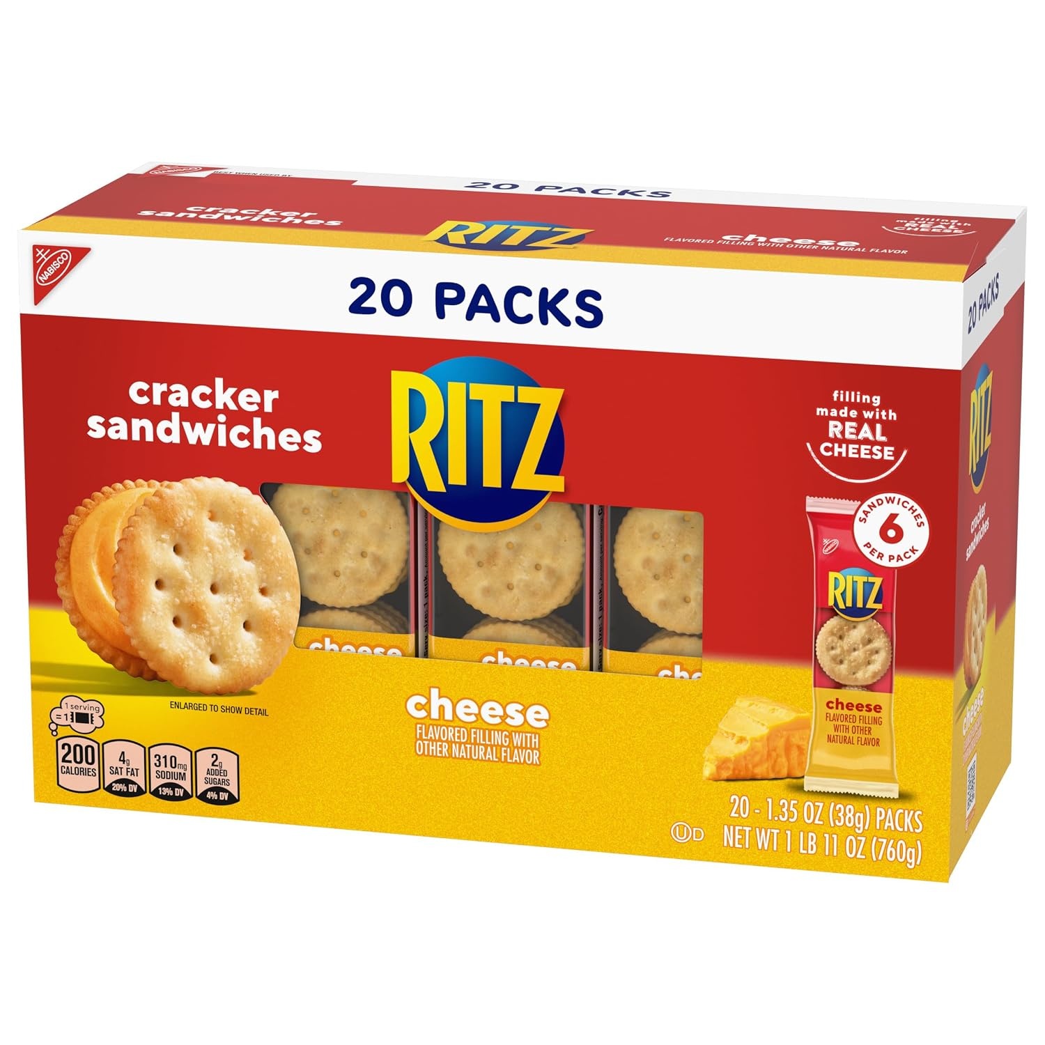 image:imageRITZ Cheese Sandwich Crackers Lunch Snacks 20 Snack Packs 6 Crackers Per Pack27 Ounce Pack of 2