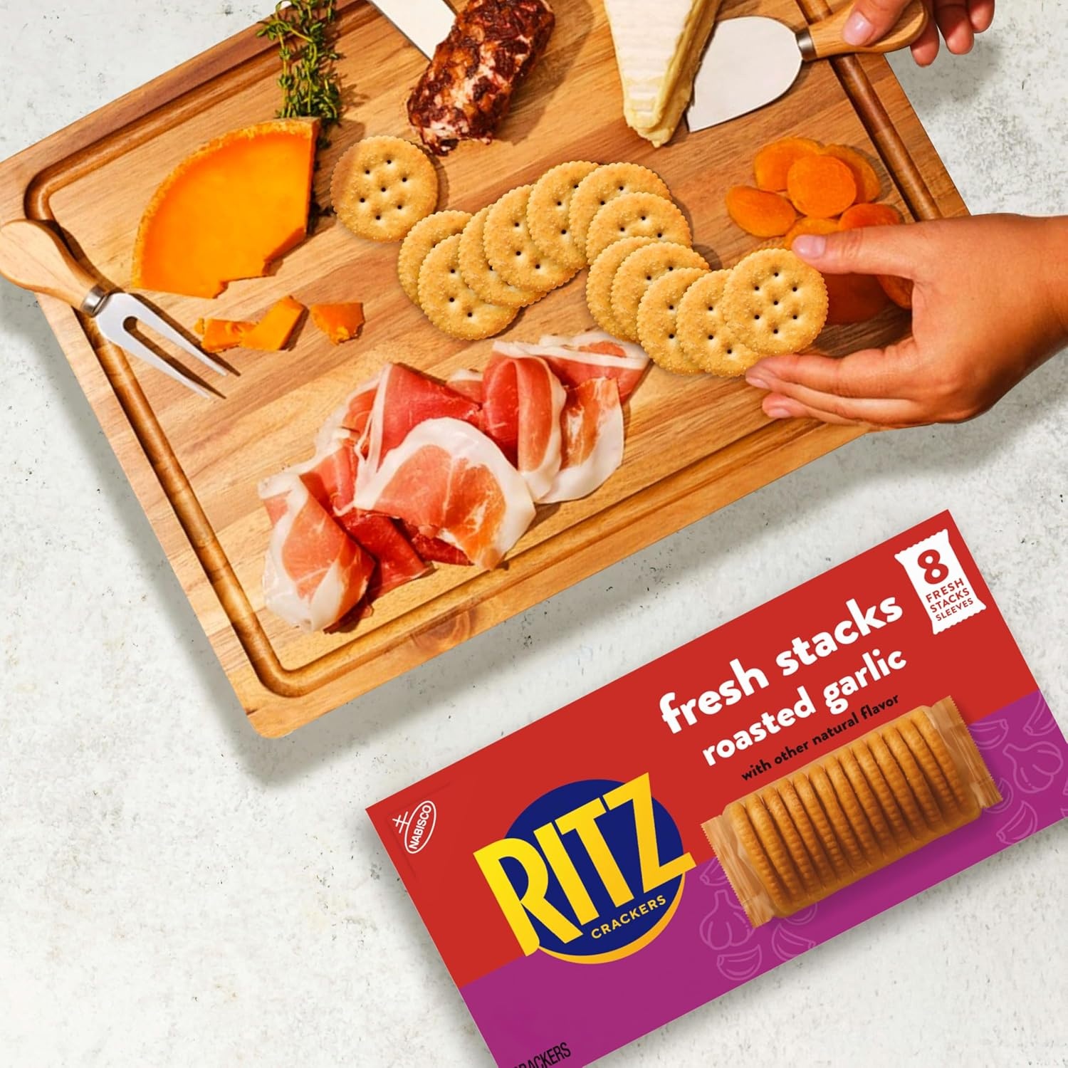 image:imageRITZ Fresh Stacks Savory Onion Crackers Travel Snacks 115 oz 8 Multi Snack PacksRoasted Garlic