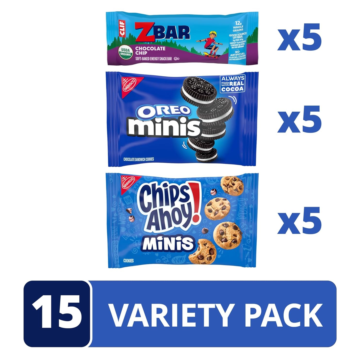 image:imageZbar Chocolate Chip SoftBaked Energy Snack Bars RITZ Bits Cheese Sandwich Crackers and OREO Minis Chocolate Sandwich Cookies On the Go Snacks Variety Pack 15 Count