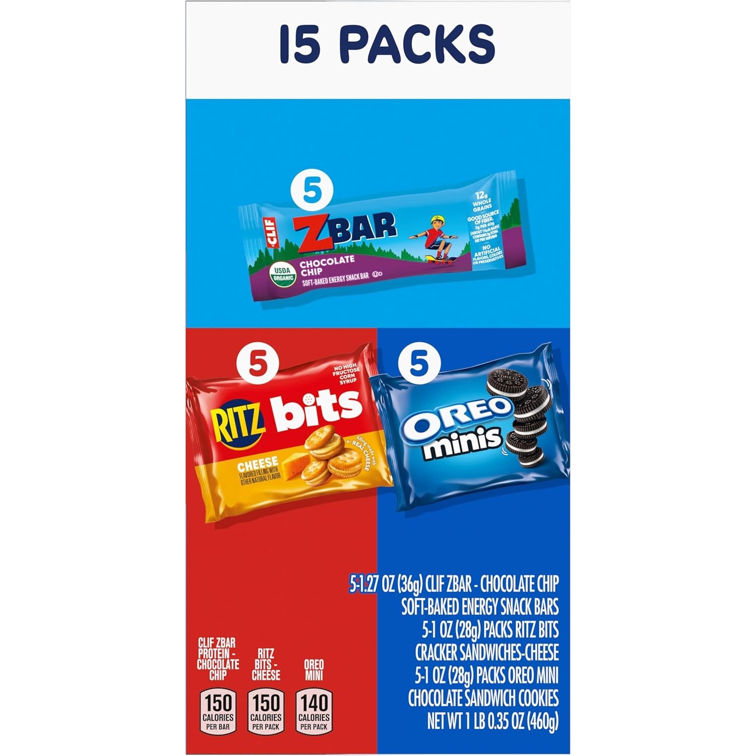 image:imageZbar Chocolate Chip SoftBaked Energy Snack Bars RITZ Bits Cheese Sandwich Crackers and OREO Minis Chocolate Sandwich Cookies On the Go Snacks Variety Pack 15 Count