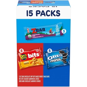Zbar Chocolate Chip Soft-Baked Energy Snack Bars, RITZ Bits Cheese Sandwich Crackers, and OREO Minis Chocolate Sandwich Cookies, On the Go Snacks Variety Pack, 15 Count